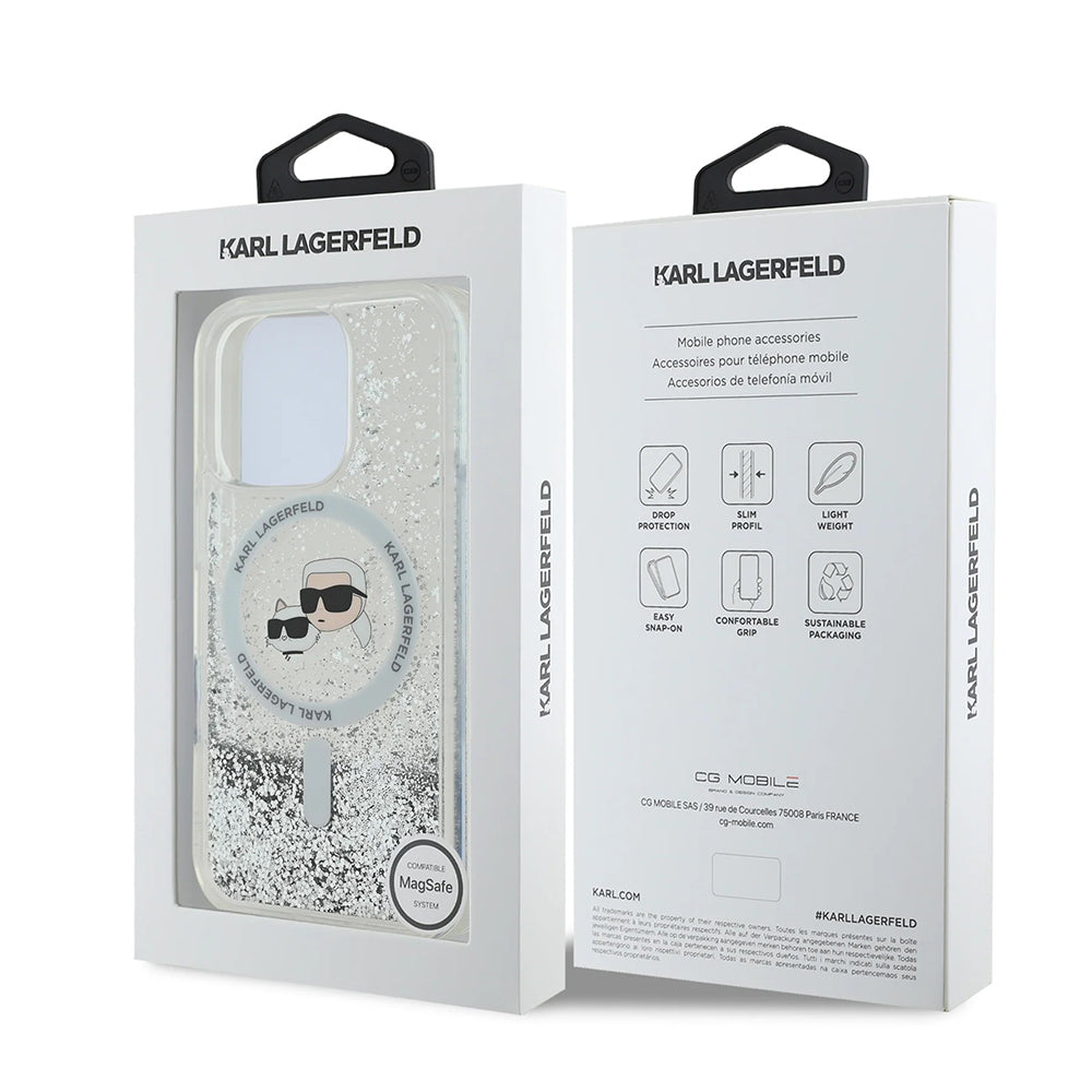 Θήκη MagSafe για Apple iPhone 16 Pro, Karl Lagerfeld, Liquid Glitter Karl & Choupette's Heads, Διαφανής