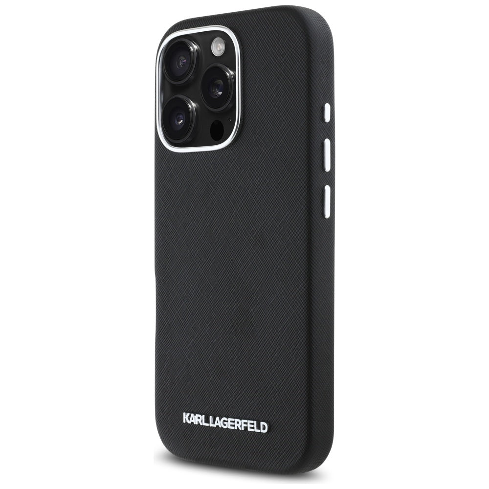 MagSafe Case for Apple iPhone 16 Pro, Karl Lagerfeld, Saffiano Full Wrapped Elongated Metal Logo, Black