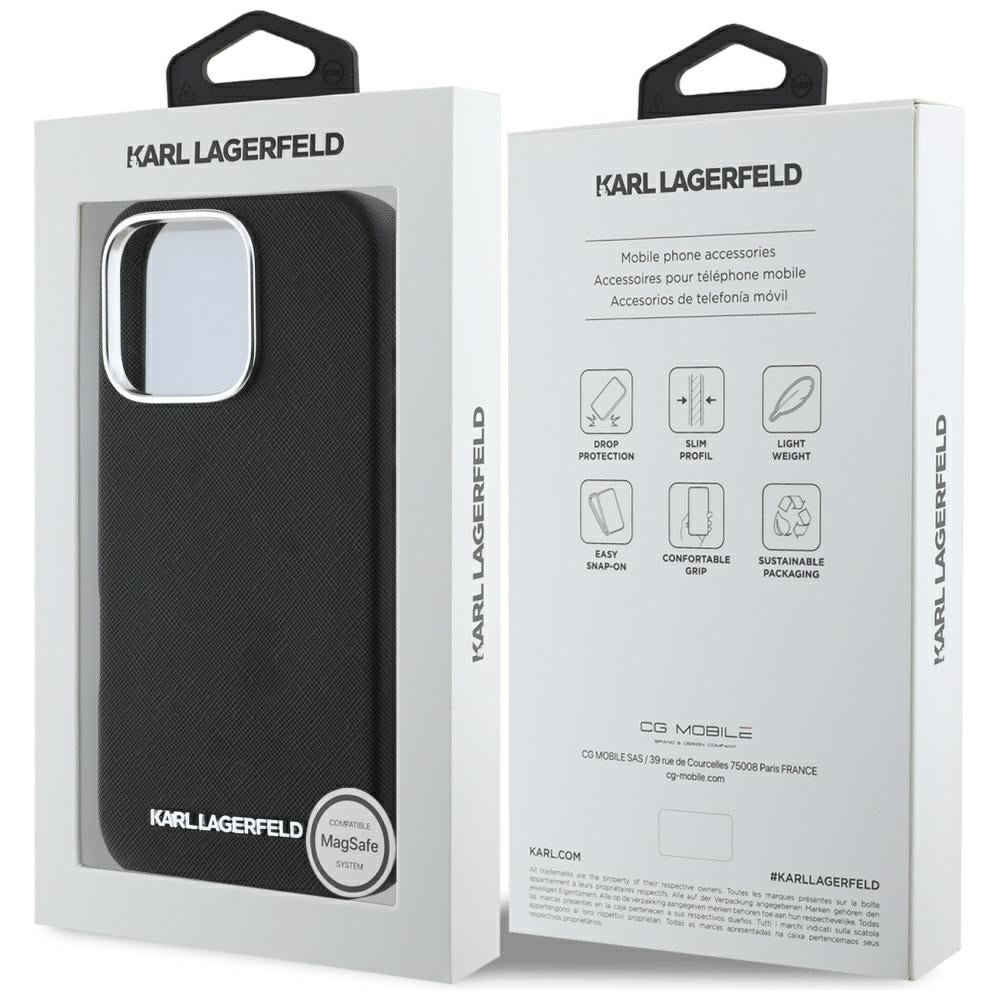 MagSafe Case for Apple iPhone 16 Pro, Karl Lagerfeld, Saffiano Full Wrapped Elongated Metal Logo, Black