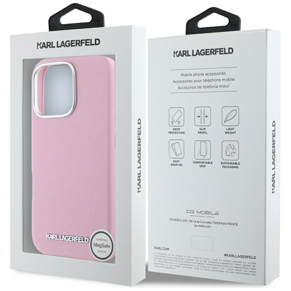 Θήκη MagSafe για Apple iPhone 16 Pro, Karl Lagerfeld, Saffiano Full Wrapped Elongated Metal Logo, Ροζ