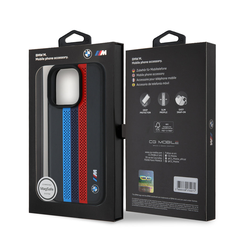 MagSafe Case for Apple iPhone 16 Pro Max, BMW, Perforated M Perf. Tricolor Stripers, Black