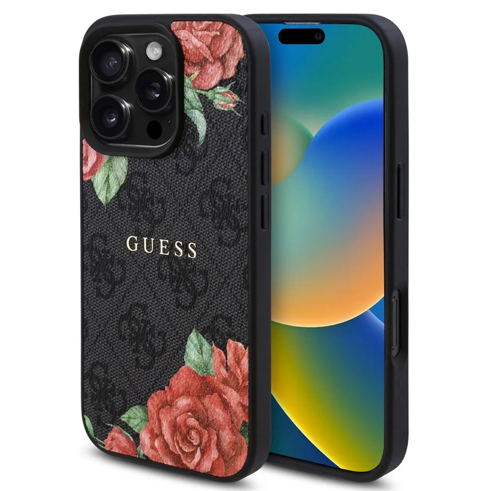 Θήκη MagSafe για Apple iPhone 16 Pro Max, Guess, 4G Flowers Print, Μαύρη