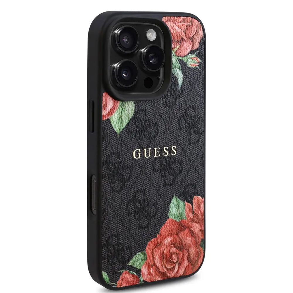 Θήκη MagSafe για Apple iPhone 16 Pro Max, Guess, 4G Flowers Print, Μαύρη