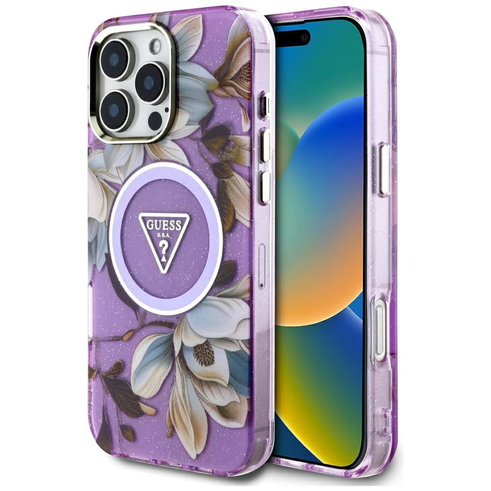 Θήκη MagSafe για Apple iPhone 16 Pro Max, Guess, IML Metal Glitter Flowers Triangle, Μωβ