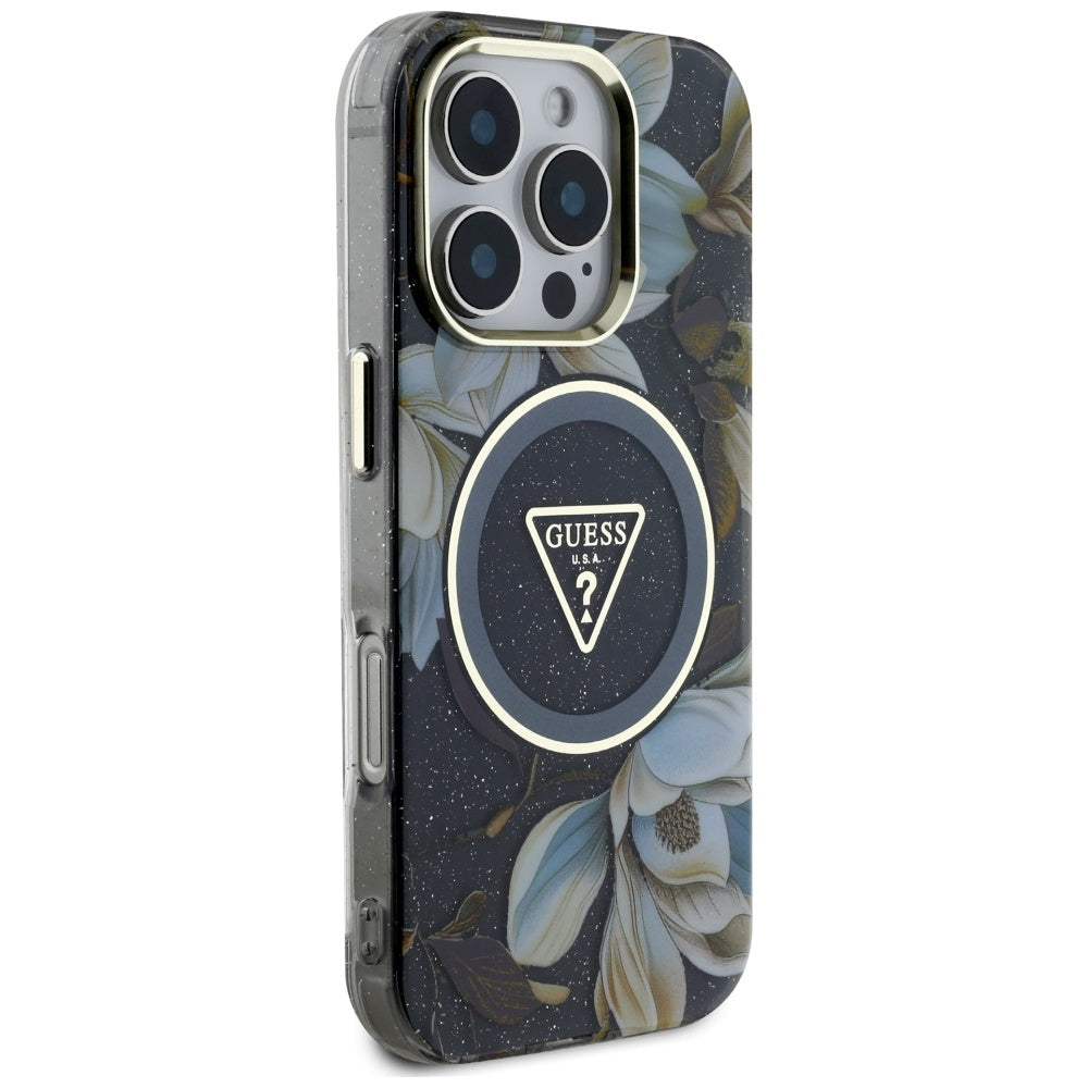 Θήκη MagSafe για Apple iPhone 16 Pro Max, Guess, IML Metal Glitter Flowers Triangle, Μαύρη