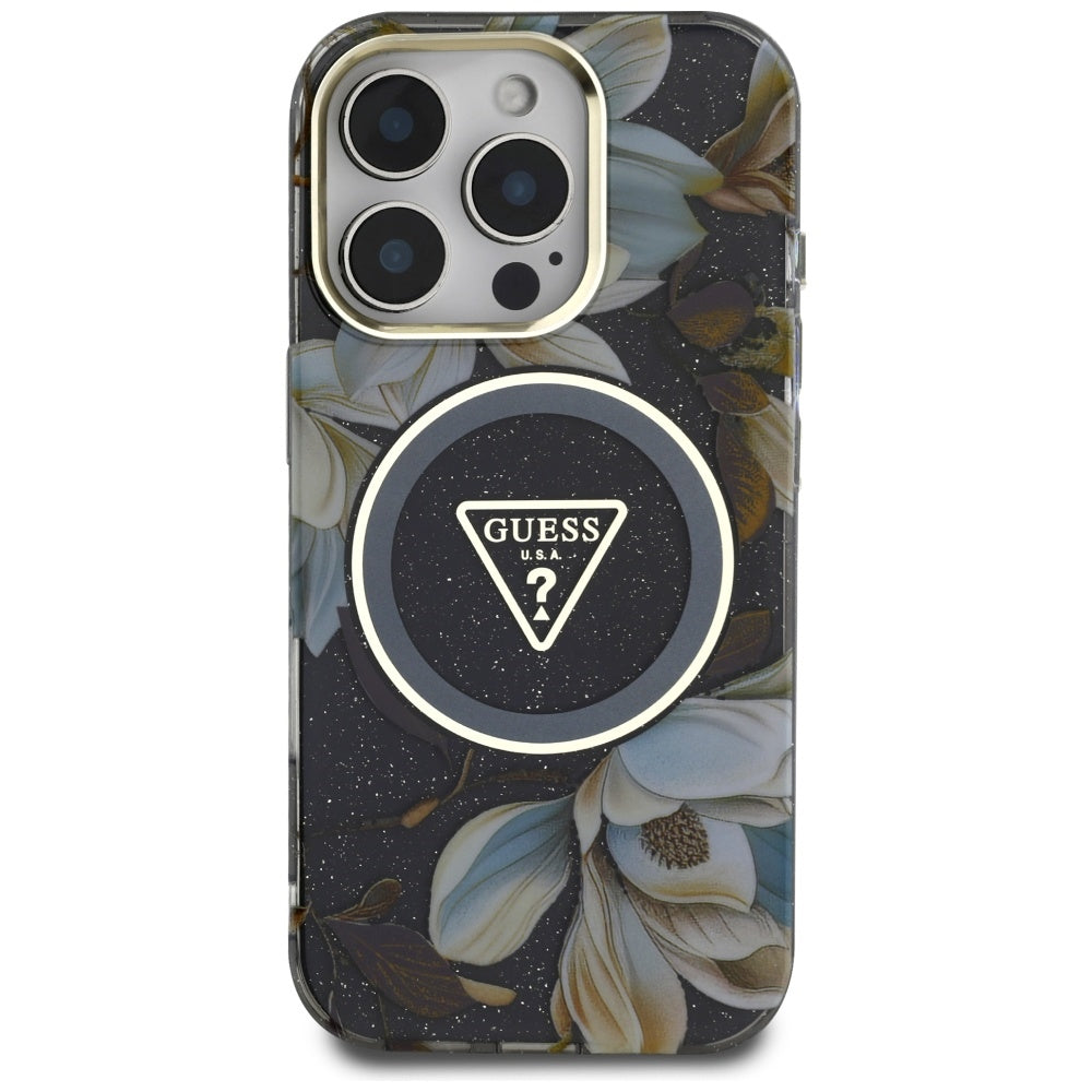 Θήκη MagSafe για Apple iPhone 16 Pro Max, Guess, IML Metal Glitter Flowers Triangle, Μαύρη
