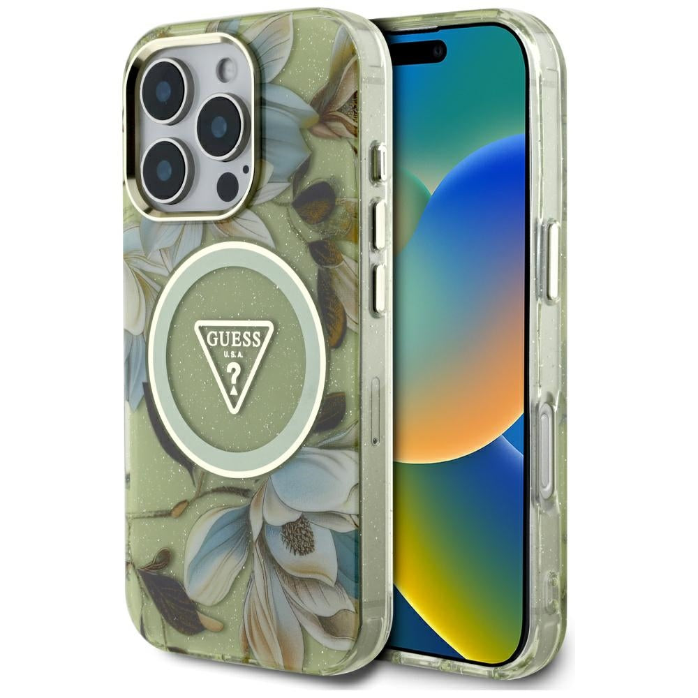 Θήκη MagSafe για Apple iPhone 16 Pro Max, Guess, IML Metal Glitter Flowers Triangle, Πράσινο