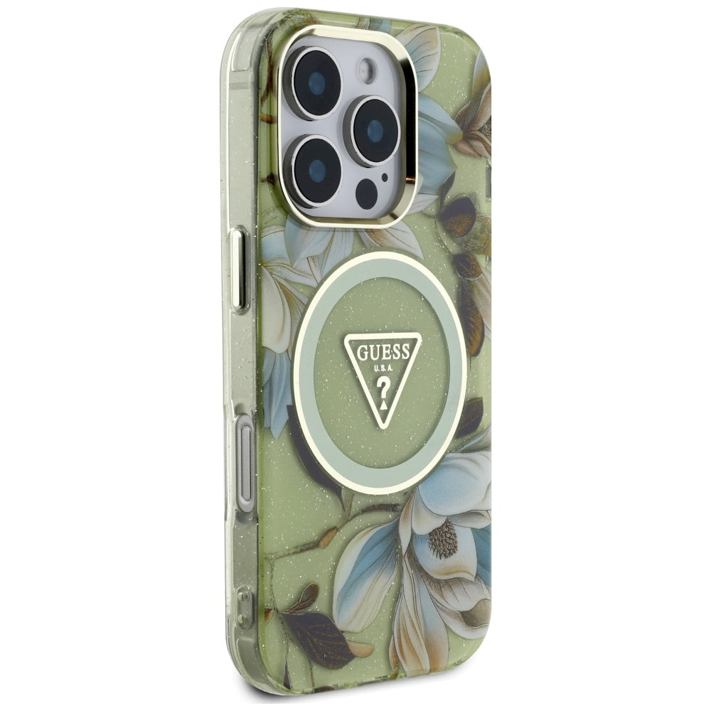 Θήκη MagSafe για Apple iPhone 16 Pro Max, Guess, IML Metal Glitter Flowers Triangle, Πράσινο