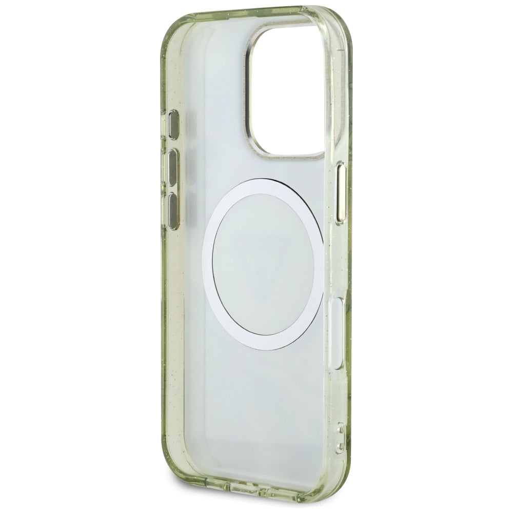 Θήκη MagSafe για Apple iPhone 16 Pro Max, Guess, IML Metal Glitter Flowers Triangle, Πράσινο