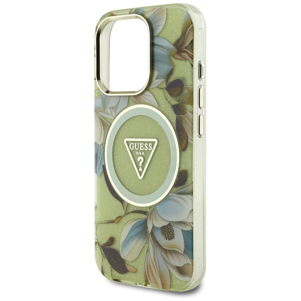 Θήκη MagSafe για Apple iPhone 16 Pro Max, Guess, IML Metal Glitter Flowers Triangle, Πράσινο