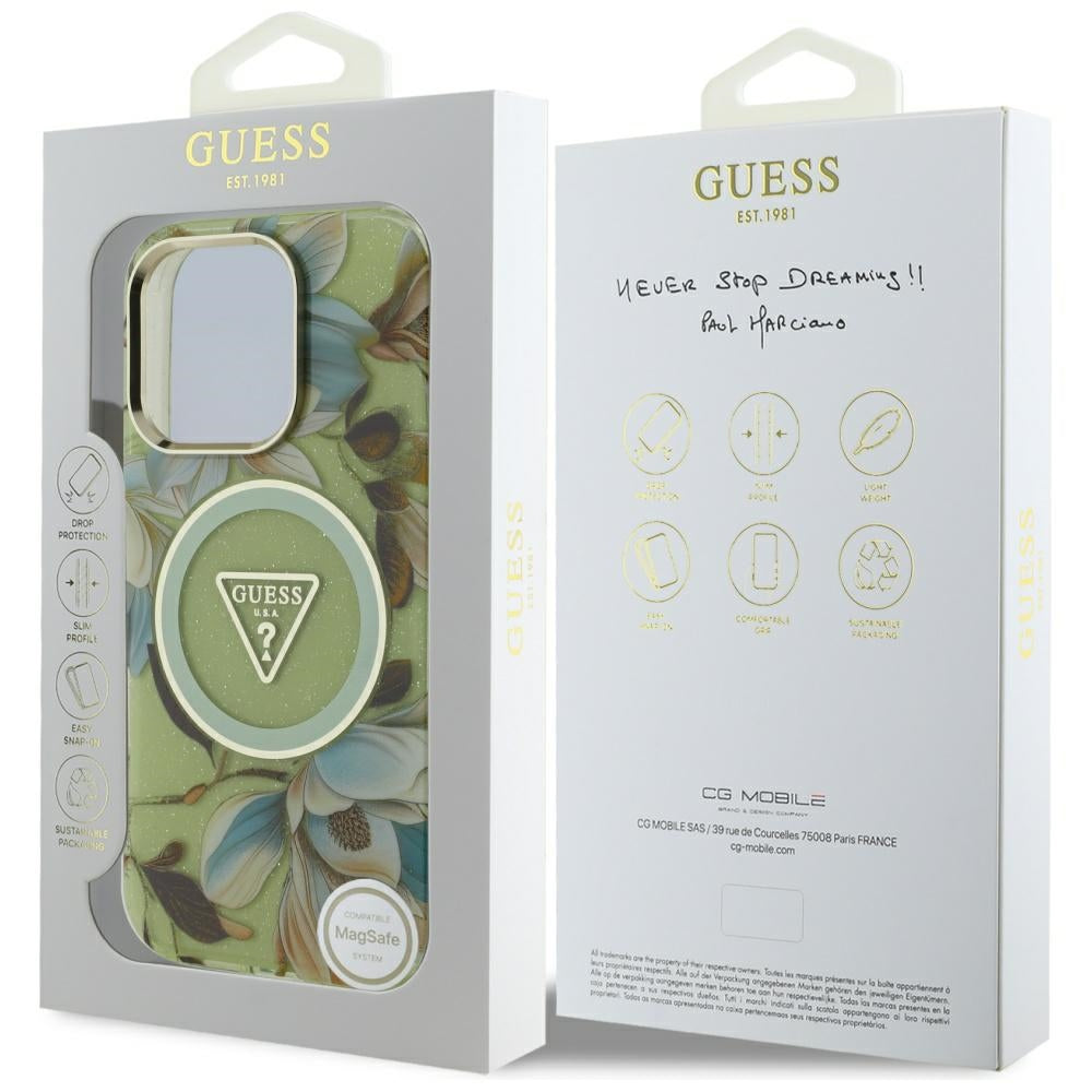Θήκη MagSafe για Apple iPhone 16 Pro Max, Guess, IML Metal Glitter Flowers Triangle, Πράσινο
