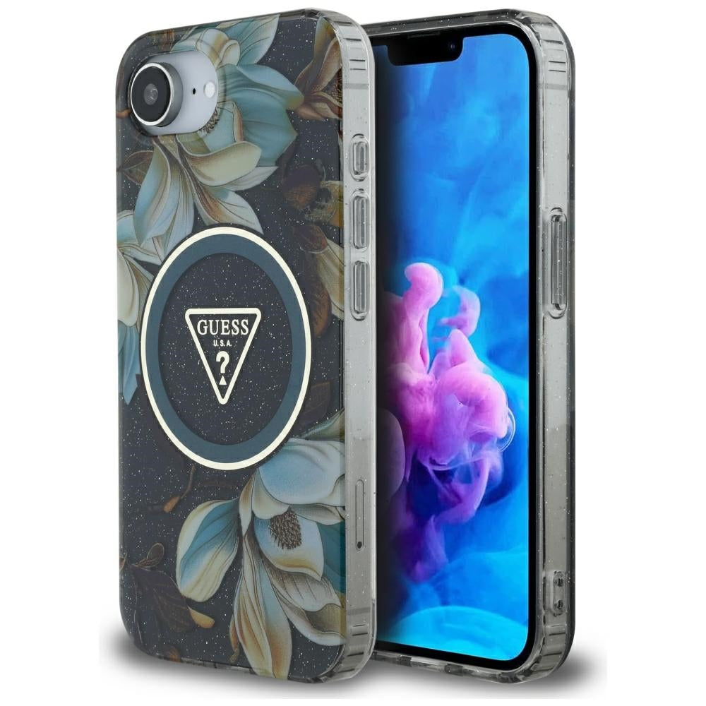 Θήκη MagSafe για Apple iPhone 17e / 16e, Guess, IML Metal Glitter Flowers Triangle, Μαύρη