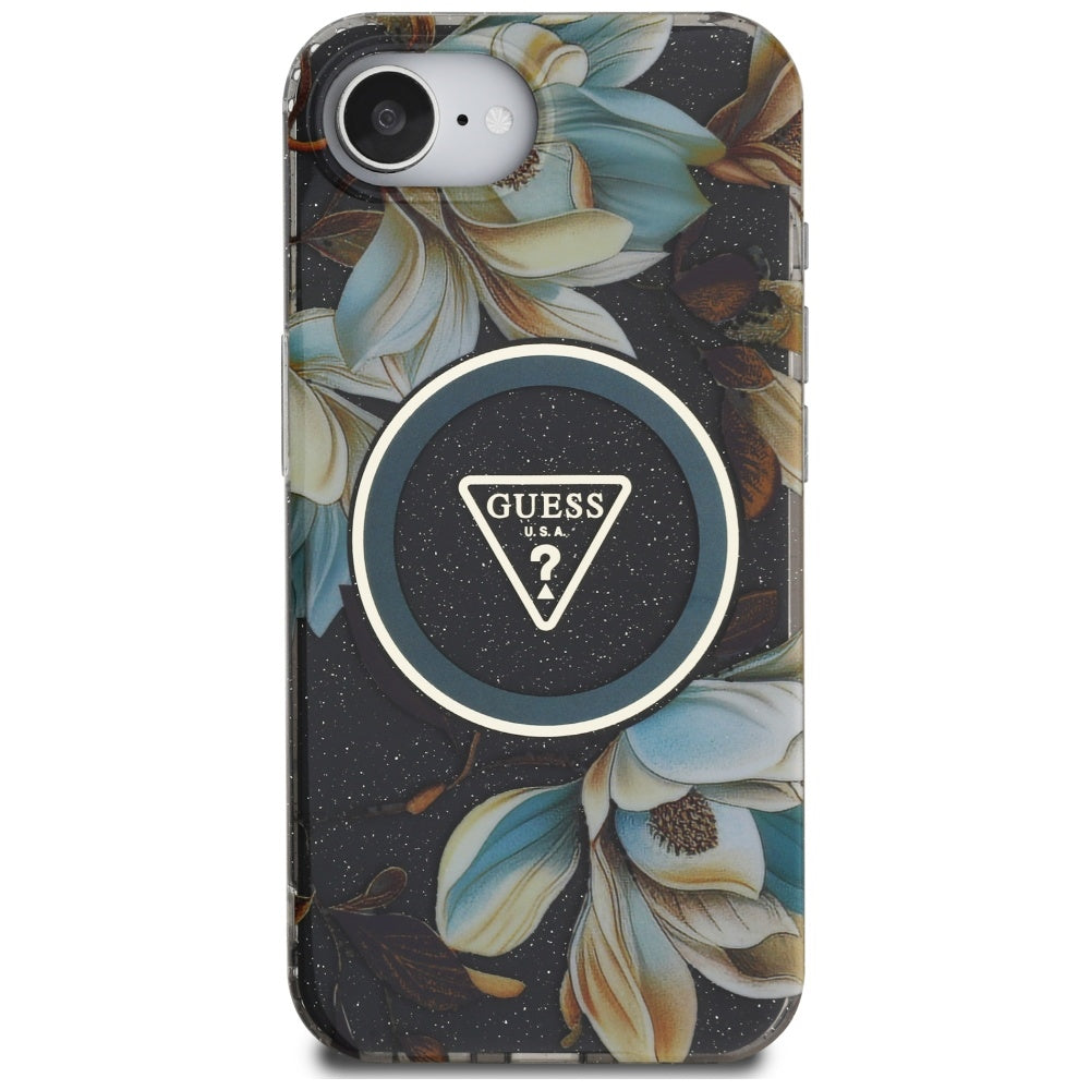 Θήκη MagSafe για Apple iPhone 17e / 16e, Guess, IML Metal Glitter Flowers Triangle, Μαύρη