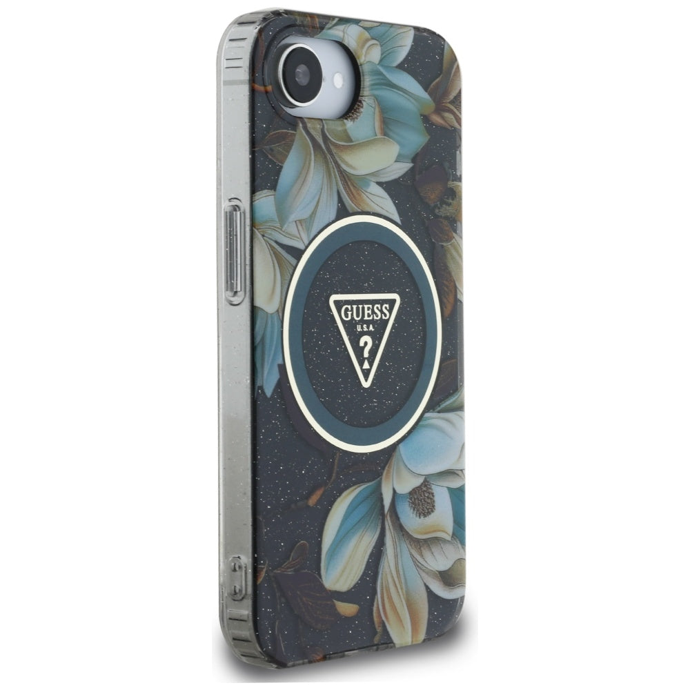 Θήκη MagSafe για Apple iPhone 17e / 16e, Guess, IML Metal Glitter Flowers Triangle, Μαύρη