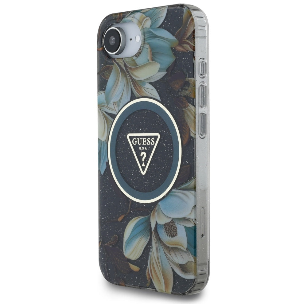 Θήκη MagSafe για Apple iPhone 17e / 16e, Guess, IML Metal Glitter Flowers Triangle, Μαύρη