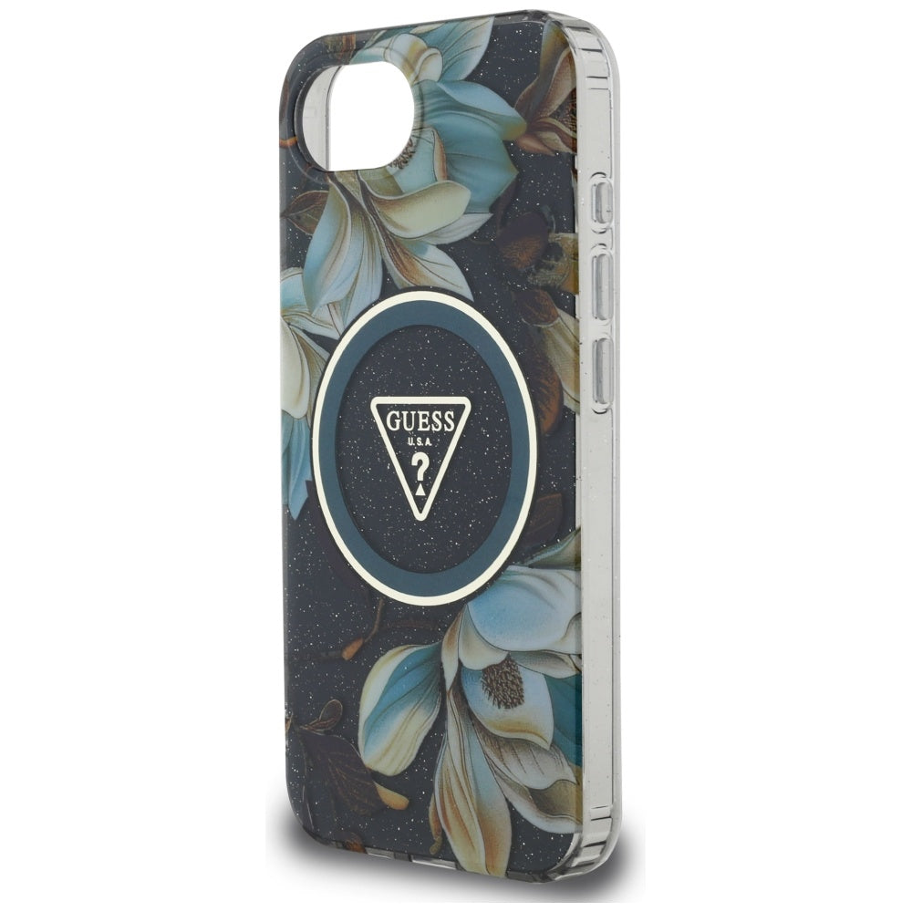 Θήκη MagSafe για Apple iPhone 17e / 16e, Guess, IML Metal Glitter Flowers Triangle, Μαύρη