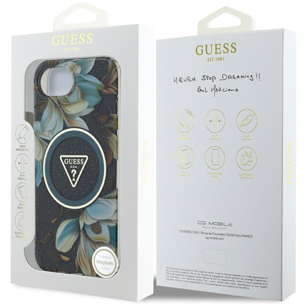 Θήκη MagSafe για Apple iPhone 17e / 16e, Guess, IML Metal Glitter Flowers Triangle, Μαύρη