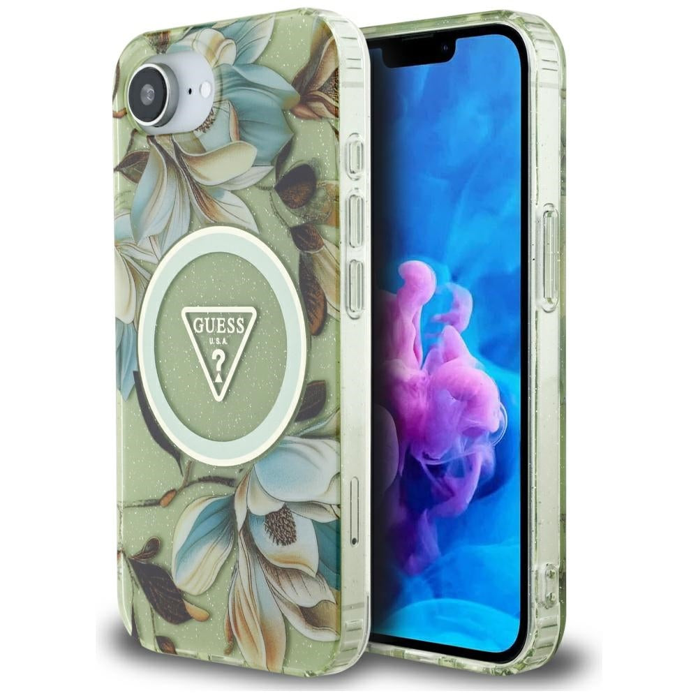Θήκη MagSafe για Apple iPhone 17e / 16e, Guess, IML Metal Glitter Flowers Triangle, Πράσινο