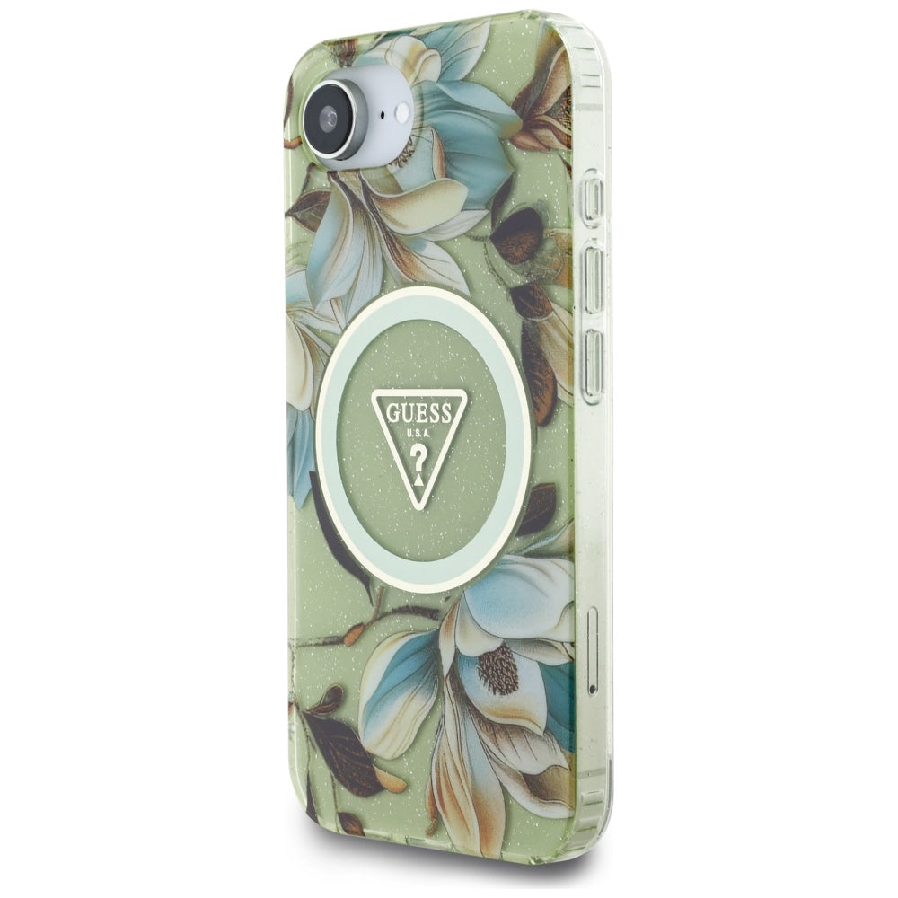 Θήκη MagSafe για Apple iPhone 17e / 16e, Guess, IML Metal Glitter Flowers Triangle, Πράσινο