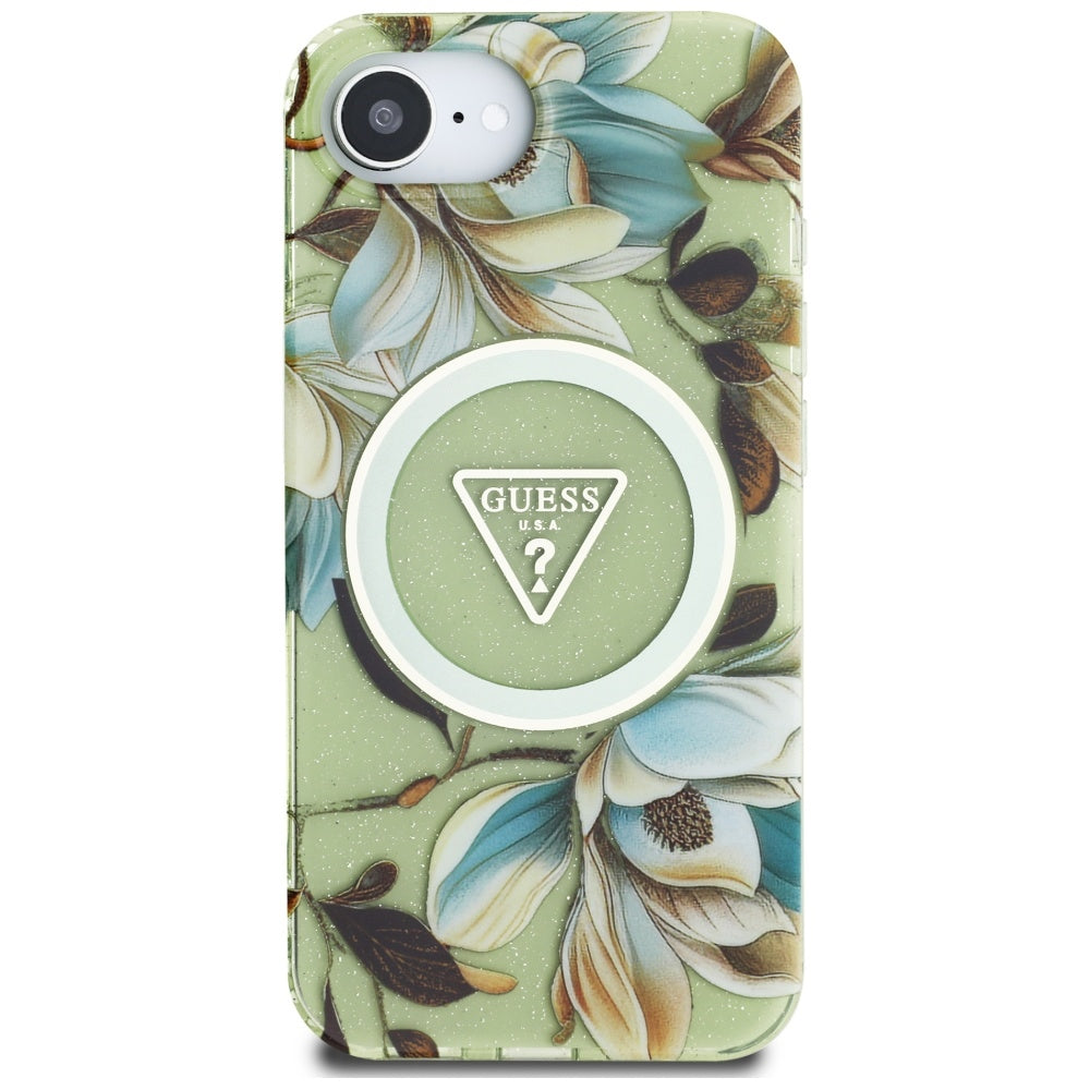 Θήκη MagSafe για Apple iPhone 17e / 16e, Guess, IML Metal Glitter Flowers Triangle, Πράσινο
