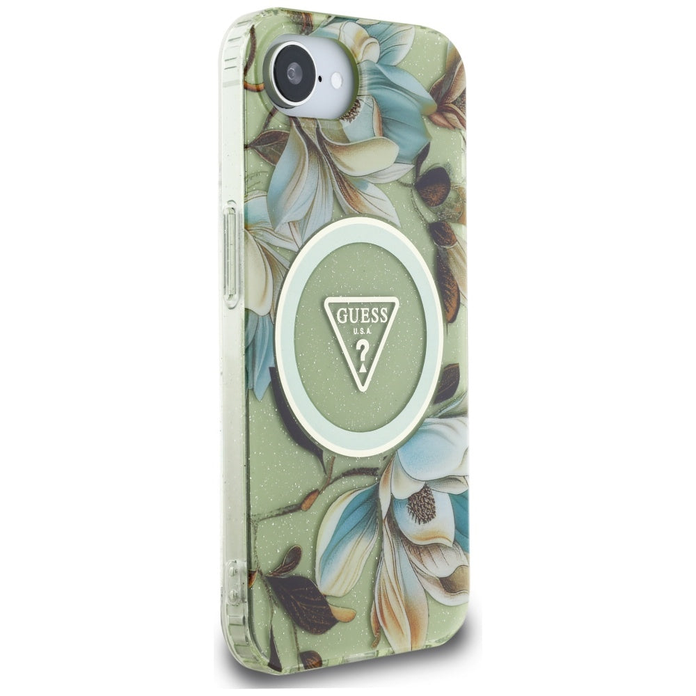 Θήκη MagSafe για Apple iPhone 17e / 16e, Guess, IML Metal Glitter Flowers Triangle, Πράσινο