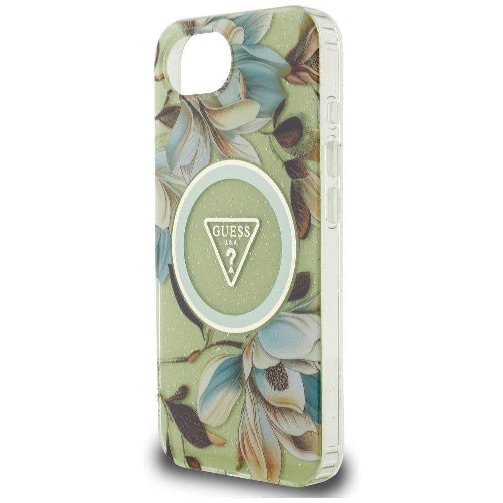 Θήκη MagSafe για Apple iPhone 17e / 16e, Guess, IML Metal Glitter Flowers Triangle, Πράσινο