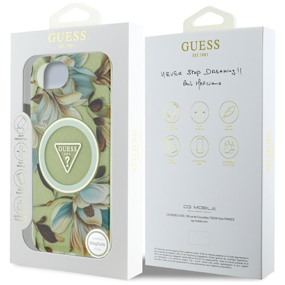 Θήκη MagSafe για Apple iPhone 17e / 16e, Guess, IML Metal Glitter Flowers Triangle, Πράσινο