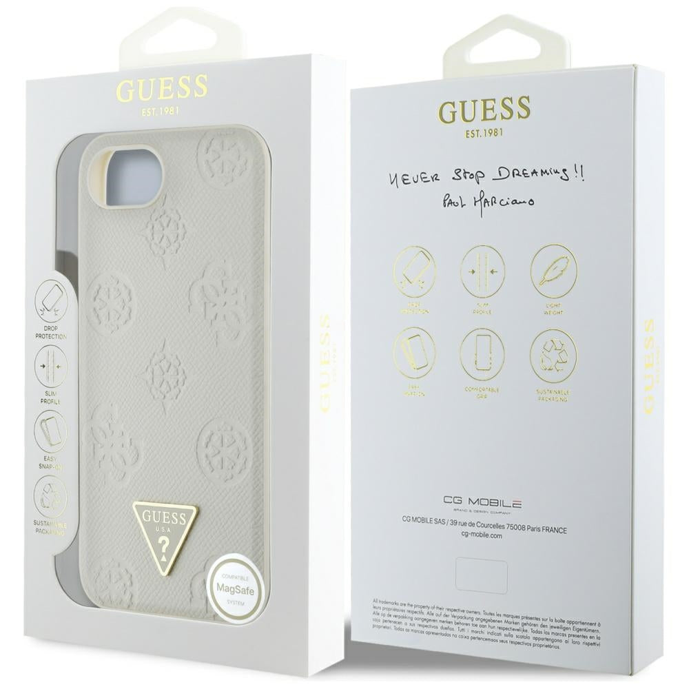 Θήκη MagSafe για Apple iPhone 17e / 16e, Guess, Peony Grained Hot Stamp Triangle, Μπεζ