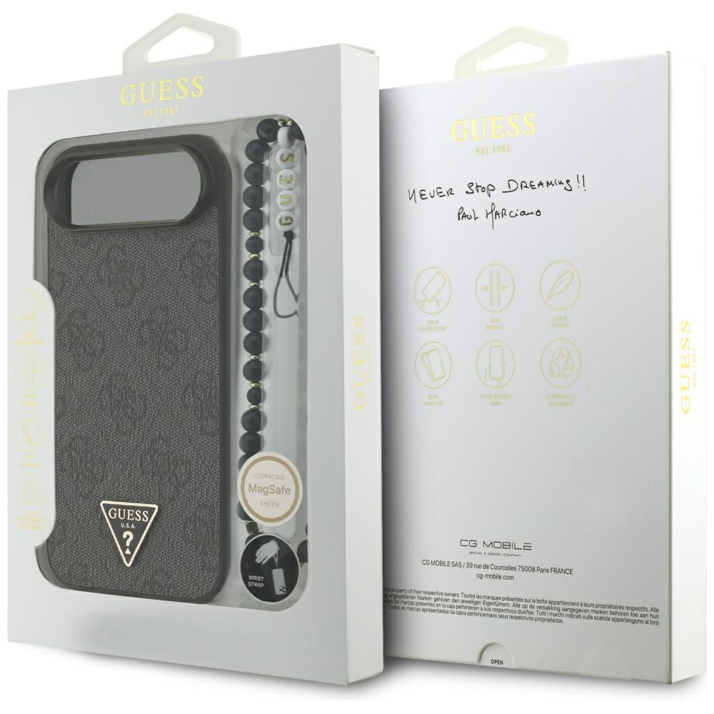 Θήκη MagSafe για Apple iPhone 17 Air, Guess, 4G Triangle Logo με Λουράκι Κορδονιού, Μαύρη