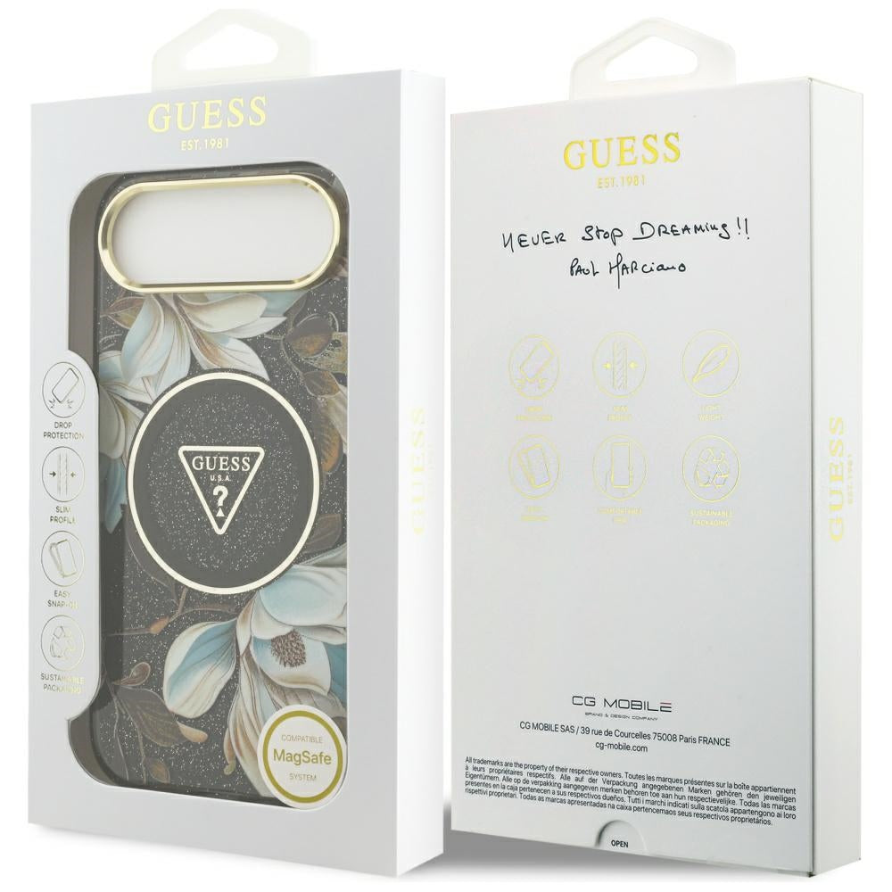 Θήκη MagSafe για Apple iPhone 17 Air, Guess, IML Metal Glitter Flowers Triangle, Μαύρη