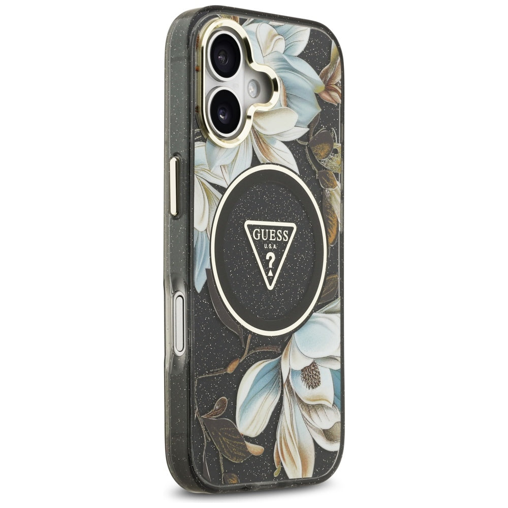 Θήκη MagSafe για Apple iPhone 17, Guess, IML Metal Glitter Flowers Triangle, Μαύρη