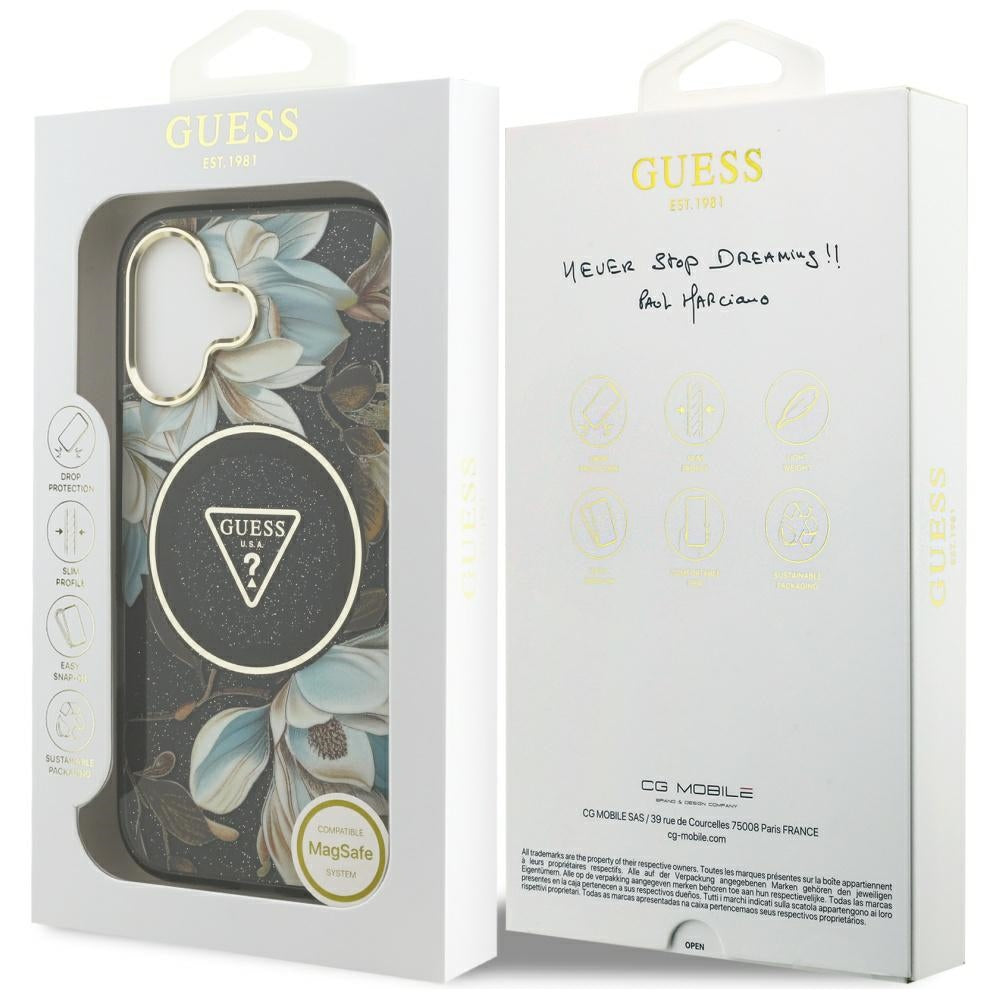 Θήκη MagSafe για Apple iPhone 17, Guess, IML Metal Glitter Flowers Triangle, Μαύρη