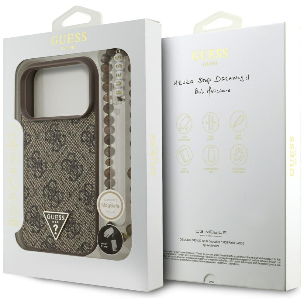 Θήκη MagSafe για Apple iPhone 17 Pro, Guess, 4G Triangle Logo με Pearl Strap, Καφέ