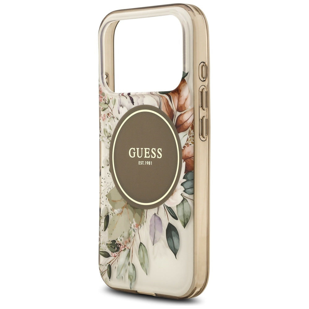 MagSafe Case for Apple iPhone 17 Pro, Guess, IML Flower and Tonal Circle, Brown