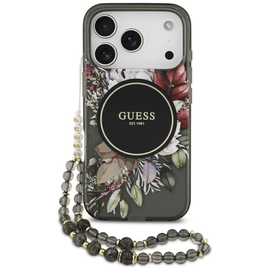 MagSafe Case for Apple iPhone 17 Pro, Guess, IML Flowers with Pearl Strap, Black