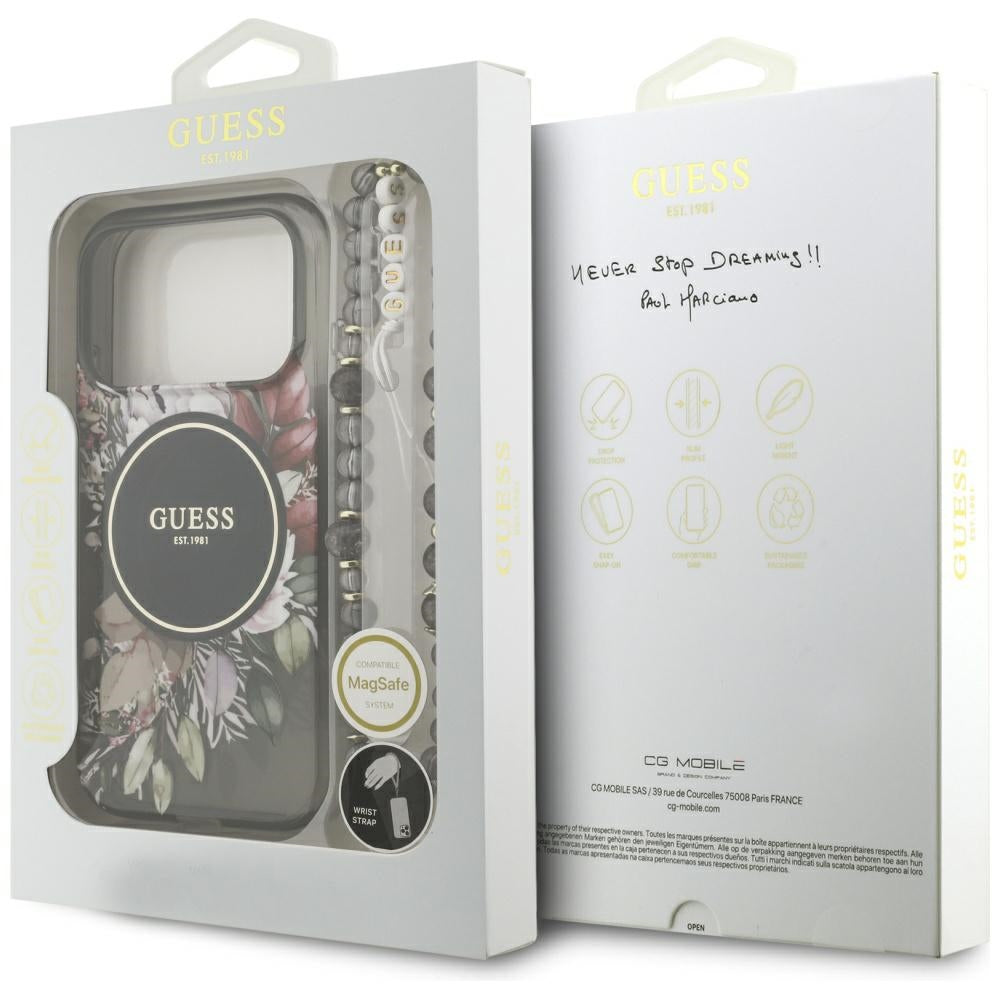 Θήκη MagSafe για Apple iPhone 17 Pro, Guess, IML Flowers with Pearl Strap, Μαύρη