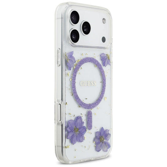 Θήκη MagSafe για Apple iPhone 17 Pro, Guess, Resin Flowers and Glitter, Μοβ