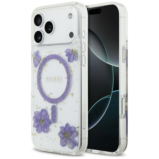 Θήκη MagSafe για Apple iPhone 17 Pro, Guess, Resin Flowers and Glitter, Μοβ