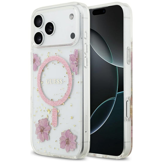 Θήκη MagSafe για Apple iPhone 17 Pro, Guess, Resin Flowers and Glitter, Ροζ