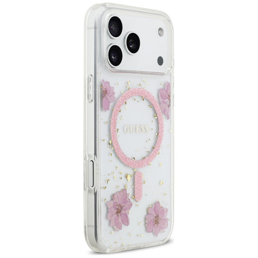 Θήκη MagSafe για Apple iPhone 17 Pro, Guess, Resin Flowers and Glitter, Ροζ