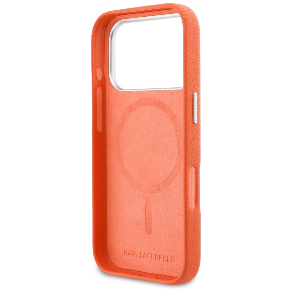 MagSafe Case for Apple iPhone 17 Pro, Karl Lagerfeld, Saffiano Karl & Choupette Pins, Orange