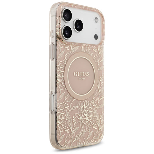 Θήκη MagSafe για Apple iPhone 17 Pro Max, Guess, IML Flowers Allover Electroplated with Pearl Strap, Ροζ