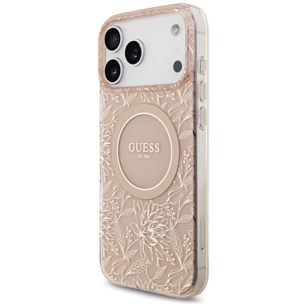 MagSafe Case for Apple iPhone 17 Pro Max, Guess, IML Flowers Allover Electroplated with Pearl Strap, Pink