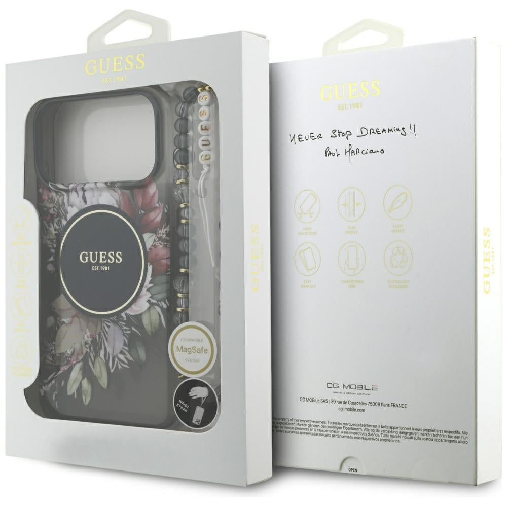 Θήκη MagSafe για Apple iPhone 17 Pro Max, Guess, IML Flowers with Pearl Strap, Μαύρη
