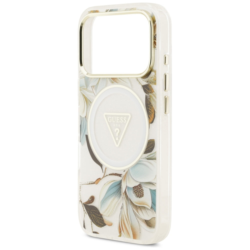 Θήκη MagSafe για Apple iPhone 17 Pro Max, Guess, IML Metal Glitter Flowers Triangle, Λευκή