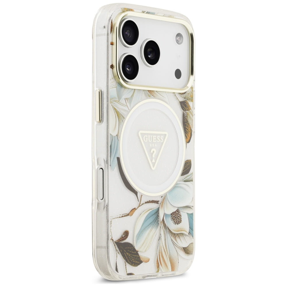 Θήκη MagSafe για Apple iPhone 17 Pro Max, Guess, IML Metal Glitter Flowers Triangle, Λευκή