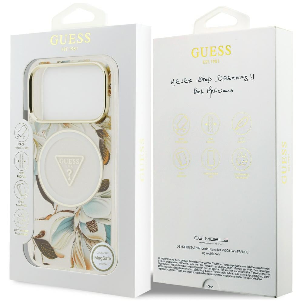 Θήκη MagSafe για Apple iPhone 17 Pro Max, Guess, IML Metal Glitter Flowers Triangle, Λευκή