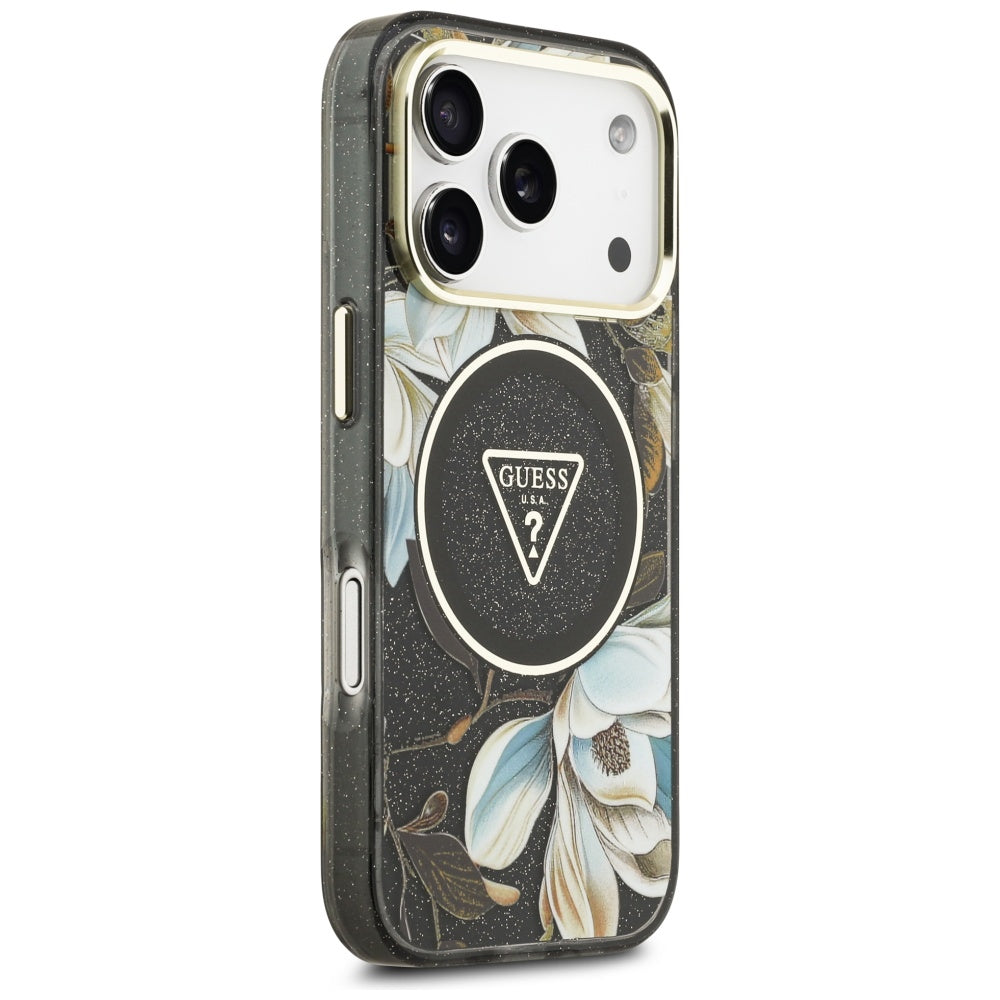 Θήκη MagSafe για Apple iPhone 17 Pro Max, Guess, IML Metal Glitter Flowers Triangle, Μαύρη