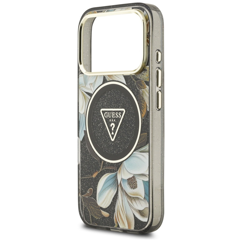 Θήκη MagSafe για Apple iPhone 17 Pro Max, Guess, IML Metal Glitter Flowers Triangle, Μαύρη