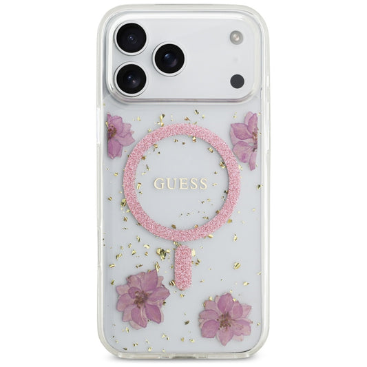 Θήκη MagSafe για Apple iPhone 17 Pro Max, Guess, Resin Flowers and Glitter, Ροζ